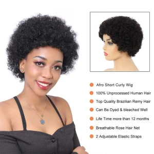 Alternative view of Short Afro Kinky Curly Wave Brazilian Human Hair Wigs Off Black Brown Color Wig For Black Women With Bang/Fringe Wigs